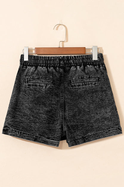 Black Drawstring High Waist Pocketed Denim Shorts