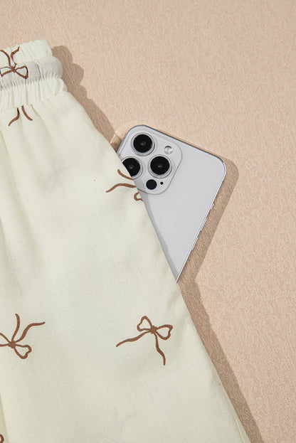 White Bow Print Lace Drawstring Casual Shorts