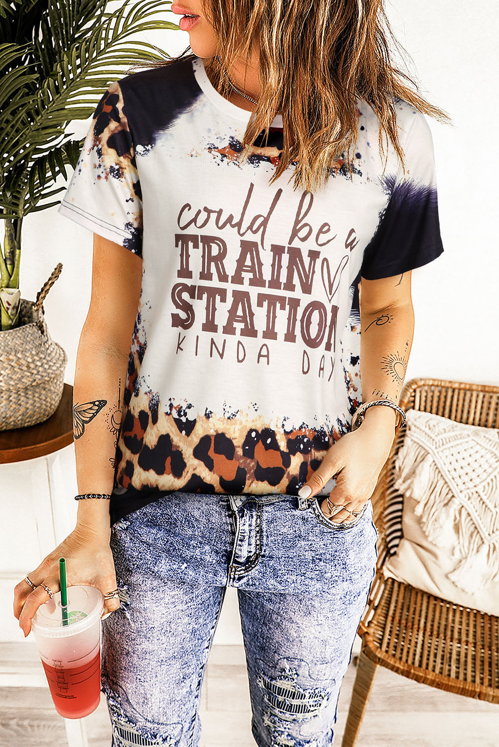 Brown TRAIN STATION Graphic Leopard Print T Shirt