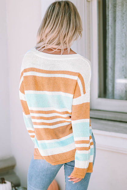 Multicolor Colorblock Stripe Long Sleeve Split Sweater