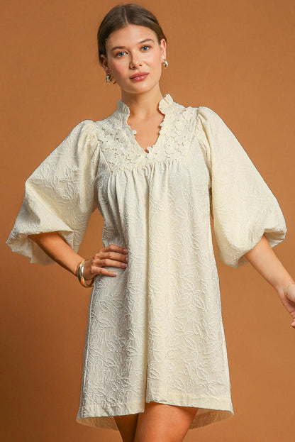 White Floral Textured Bubble Sleeve Frilled Notched Neck Dress