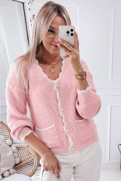 Contrast Trim V-Neck Long Sleeve Cardigan