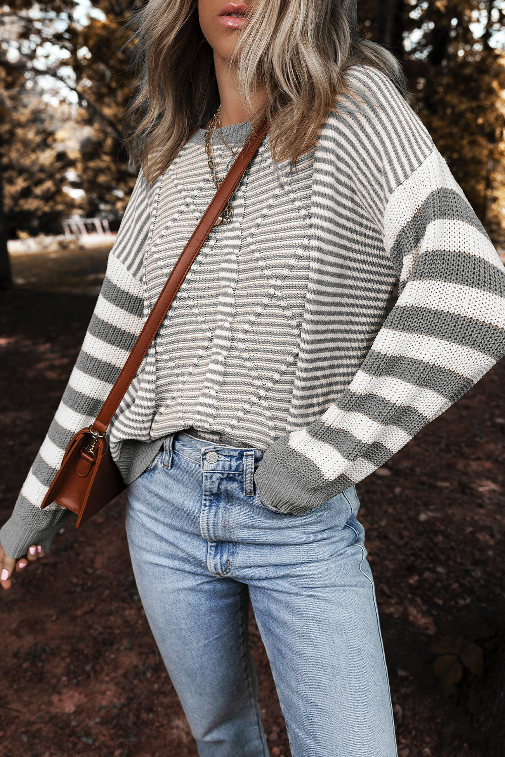 Gray Stripe Geometric Textured Drop Shoulder Sweater