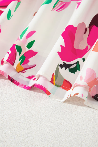 Pink Floral Print V Neck Ruffle Sleeve Plus Size Midi Dress