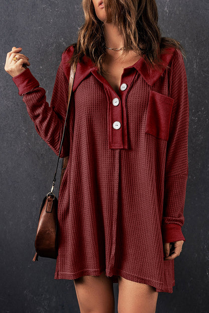 Red Waffle Knit Buttoned Long Sleeve Top