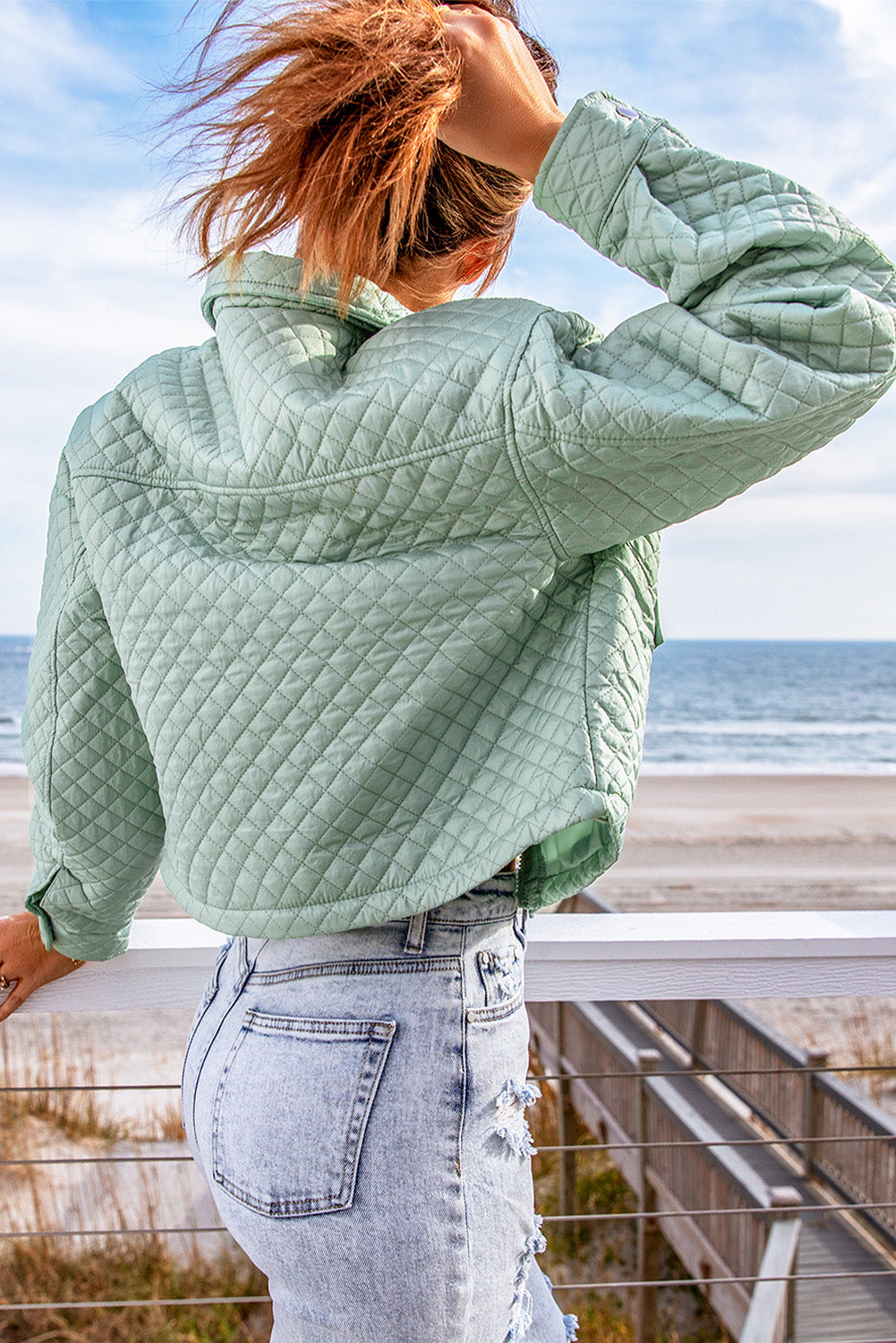 Green Quilted Pocketed Zip-up Cropped Jacket