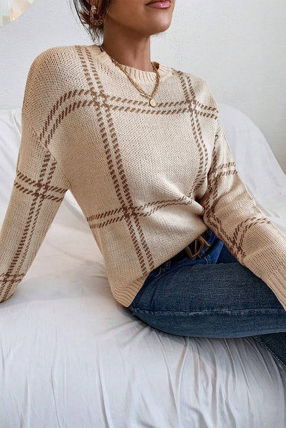 Khaki Plaid Pattern Knitted Drop Shoulder Sweater