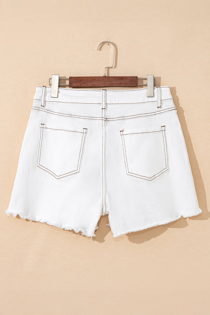 White Raw Hem High Waist Denim Shorts