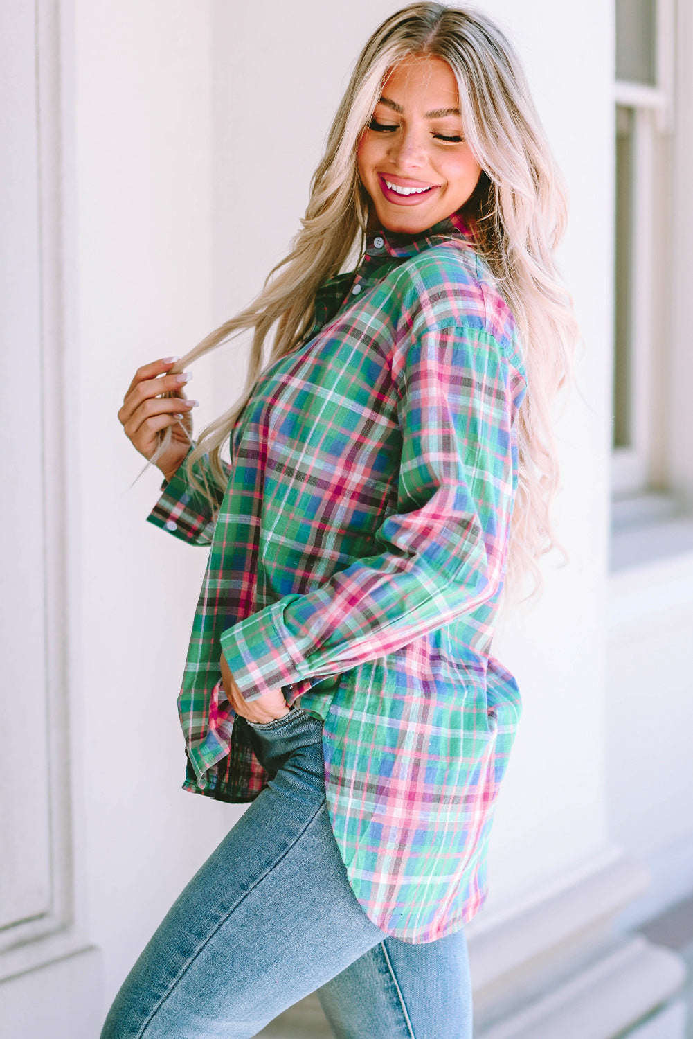 Green Plaid Long Sleeve Button Down Split Shirt