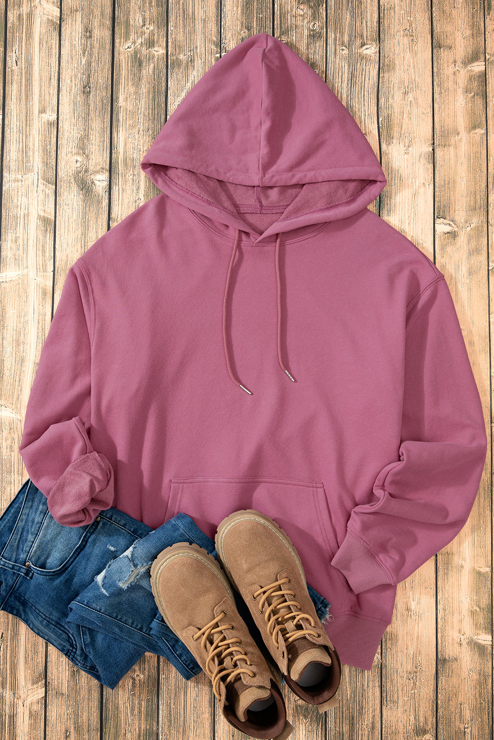 Valerian Solid Kangaroo Pocket Drawstring Loose Fit Hoodie