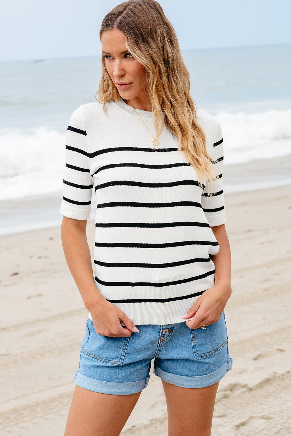 White Stripe Striped Half Sleeve Knitted Tee