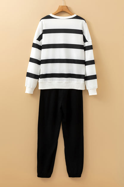 Black Stripe Drop Shoulder Pullover and Jogger Pants Set