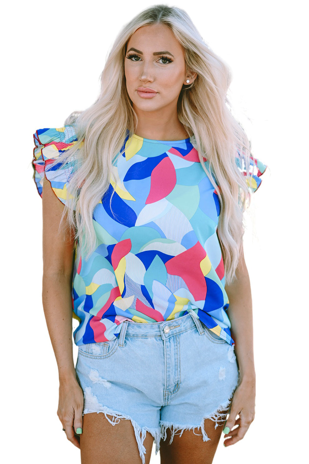 Multicolor Abstract Print Stitching Ruffle Sleeve Blouse