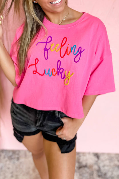 Bonbon Feeling Lucky Embroidered Letter Graphic Half Sleeve Top