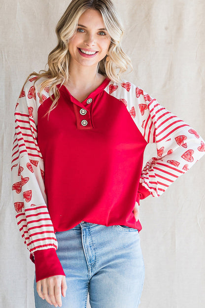 Fiery Red Heart Striped Raglan Sleeve Henley Top