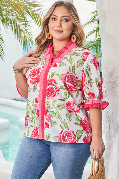 Rose Plus Size Floral Print Frilled Stripes Detail Short Sleeve Blouse