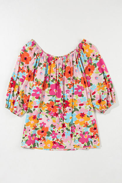 Red Floral Print Puff Sleeve Pleated Elastic Neckline Blouse