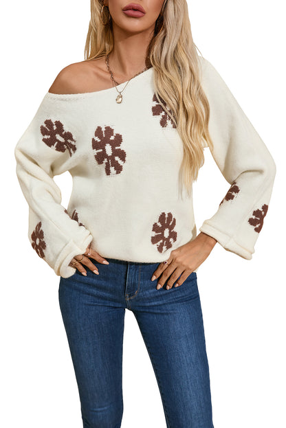 White Colorblock Floral Pattern Round Neck Sweater