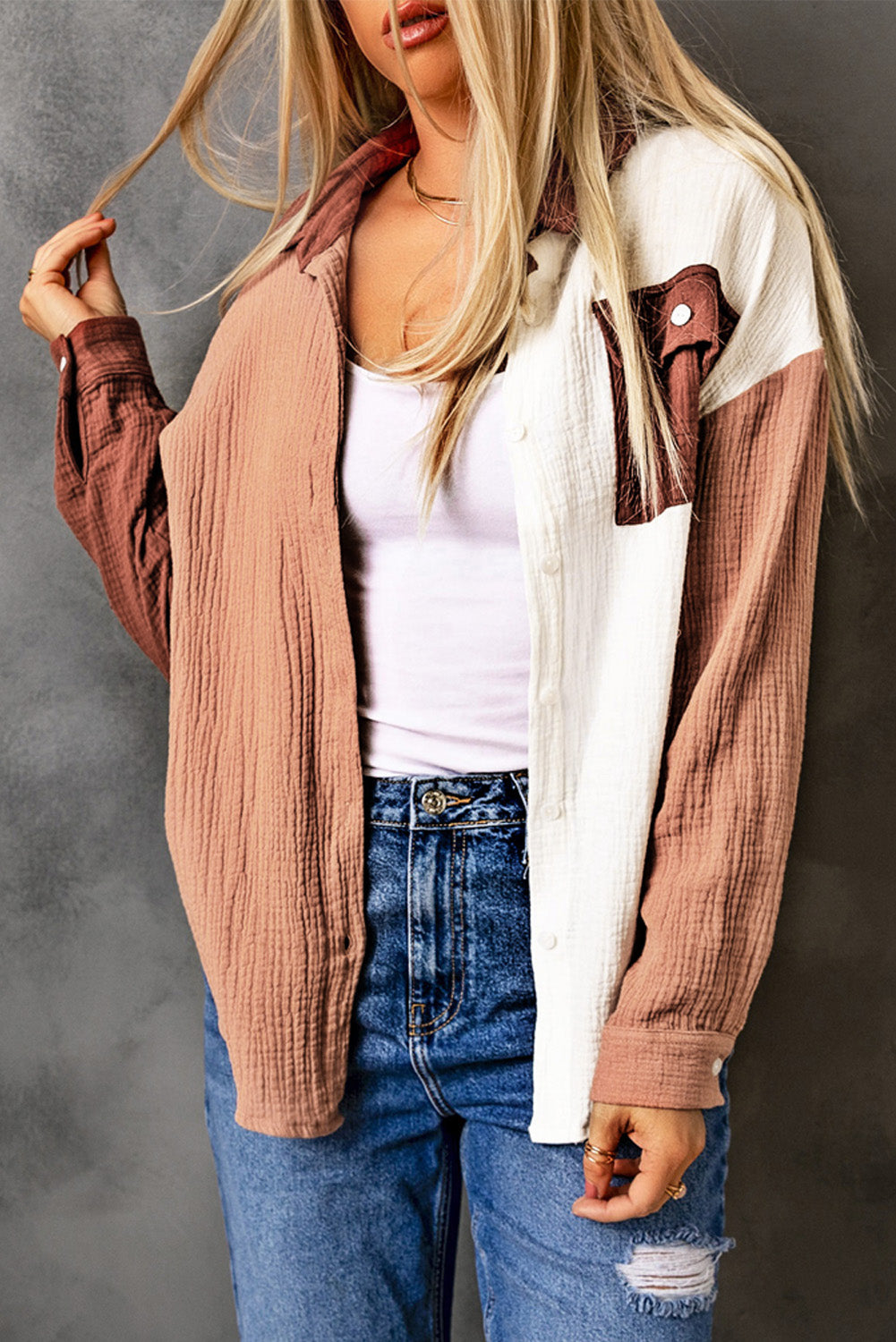 Brown Color Block Textured Long Sleeve Shirt with Pocket