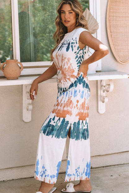 White Cap Sleeve Tie Dye Long Slit Dress