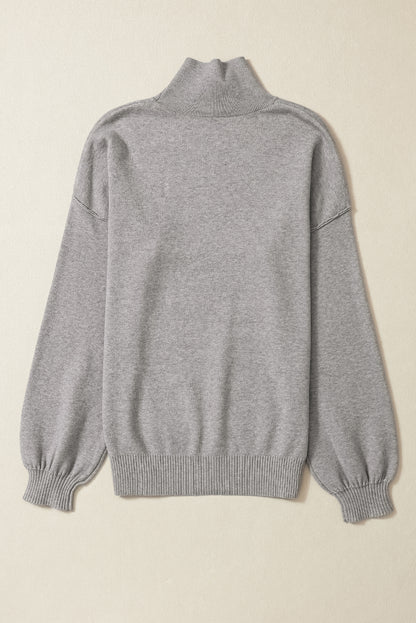 Gray Turtleneck Drop Shoulder Bubble Sleeve Knit Sweater