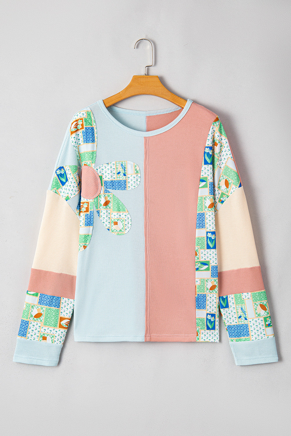 Rose Pink Floral Patchwork Waffle Color Block Pullover Top