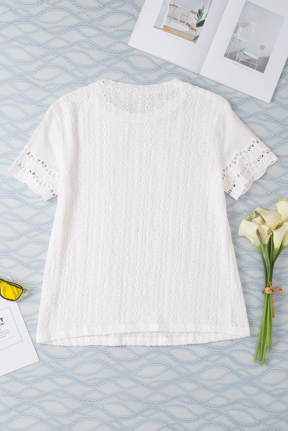 White Eyelet Embroidery Scalloped Short Sleeve Top