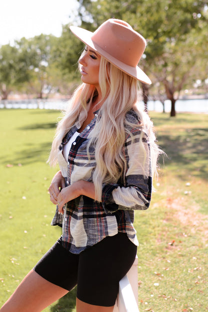 Blue Distressed Raw Edge Plaid Print Shirt