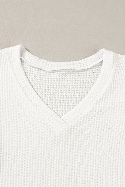 White V Neck Petal Sleeve Waffle Knit T-Shirt