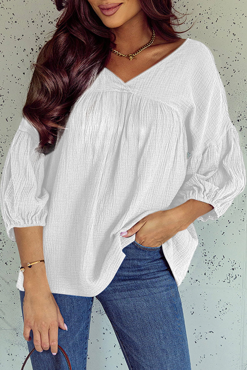 White Textured V Neck Bracelet Sleeve Babydoll Blouse