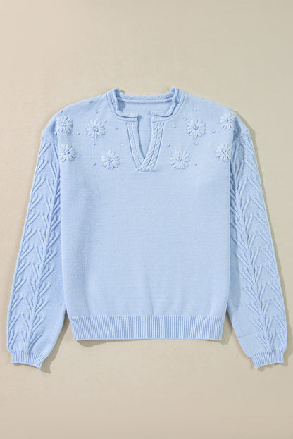 Beau Blue Flower Detail Knitted Notched Neck Sweater