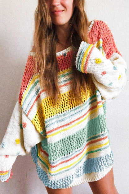 Multicolor Hollow Striped Knit Contrast Sleeve Sweater