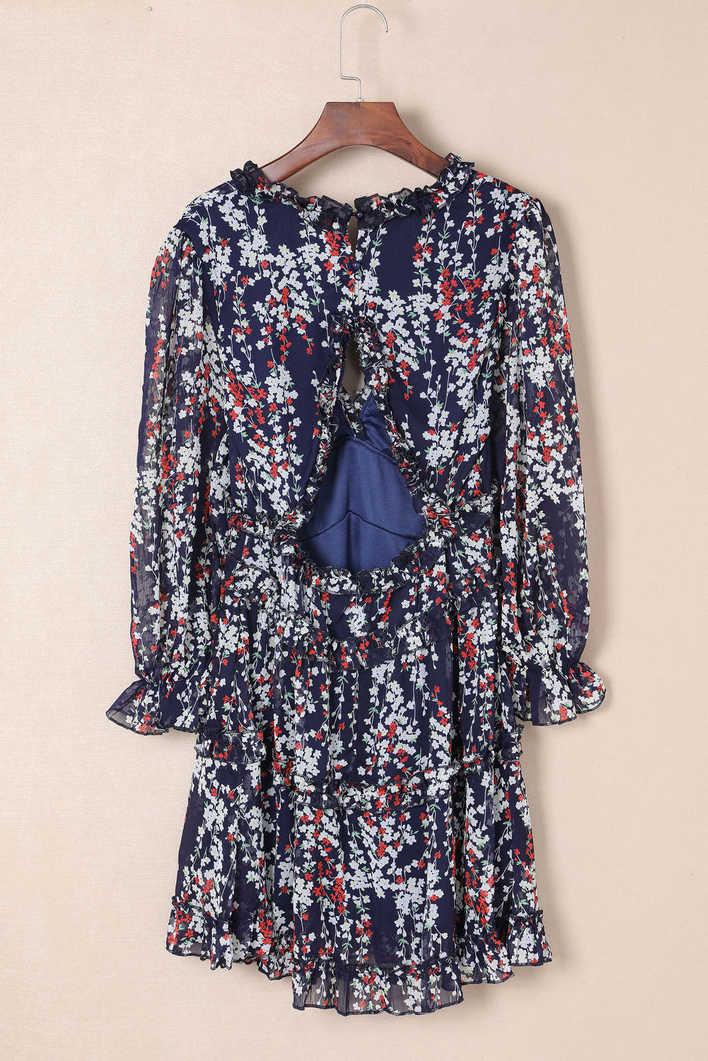 Blue Ruffle Detailing Open Back Floral Dress