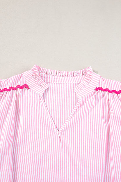 Pink Stripe Ricrac Trim Split Neck Striped Ruffled Sleeve Blouse