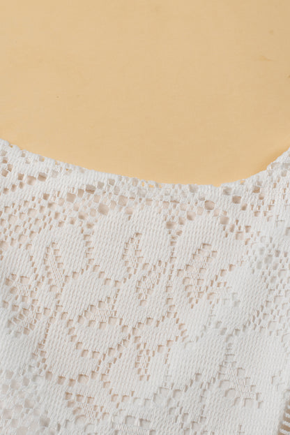 White Lace Crochet Hollowed Scallop Hem V Neck Blouse