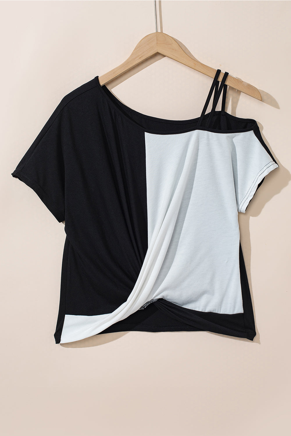 Black Asymmetric Colorblock Strappy Cold Shoulder Twist Hem Top