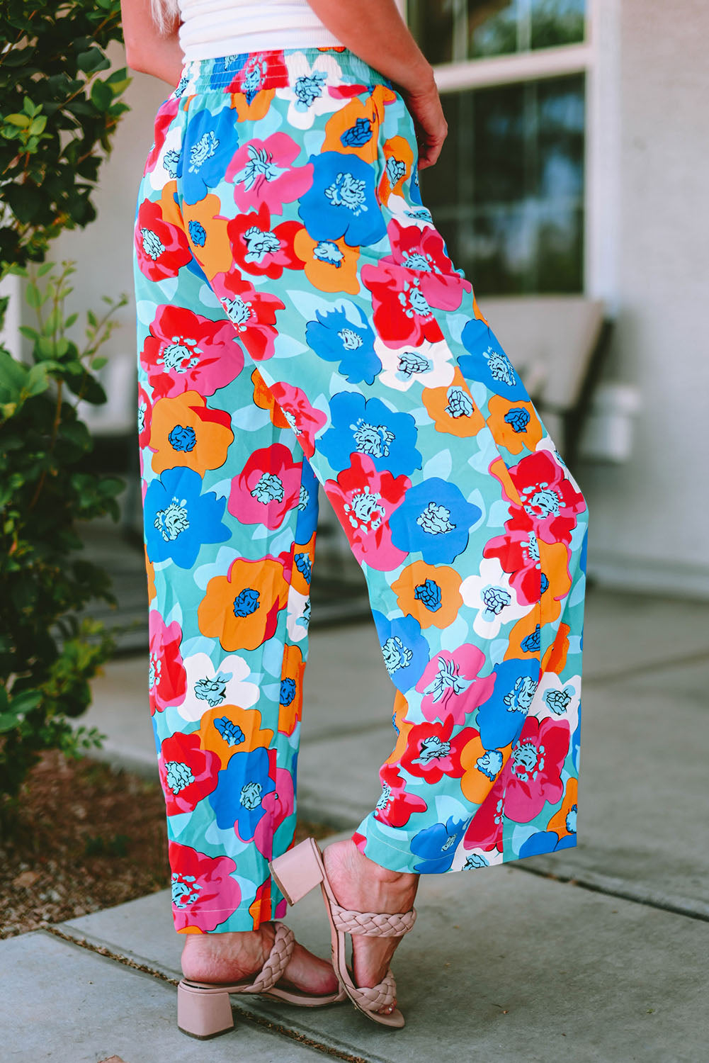 Multicolor Abstract Floral Print Drawstring Wide Waistband Pants