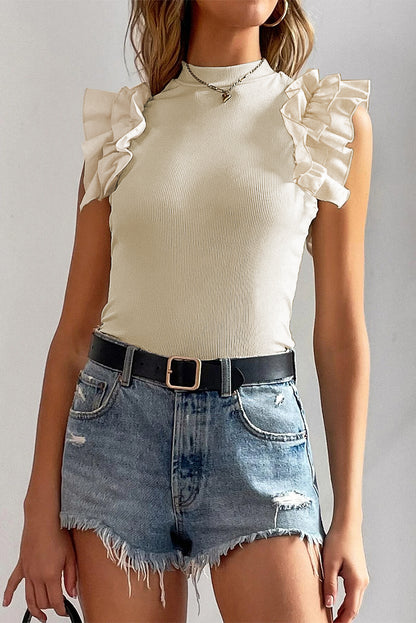 Beige Ruffle Flutter Sleeve High Neck Ribbed Blouse