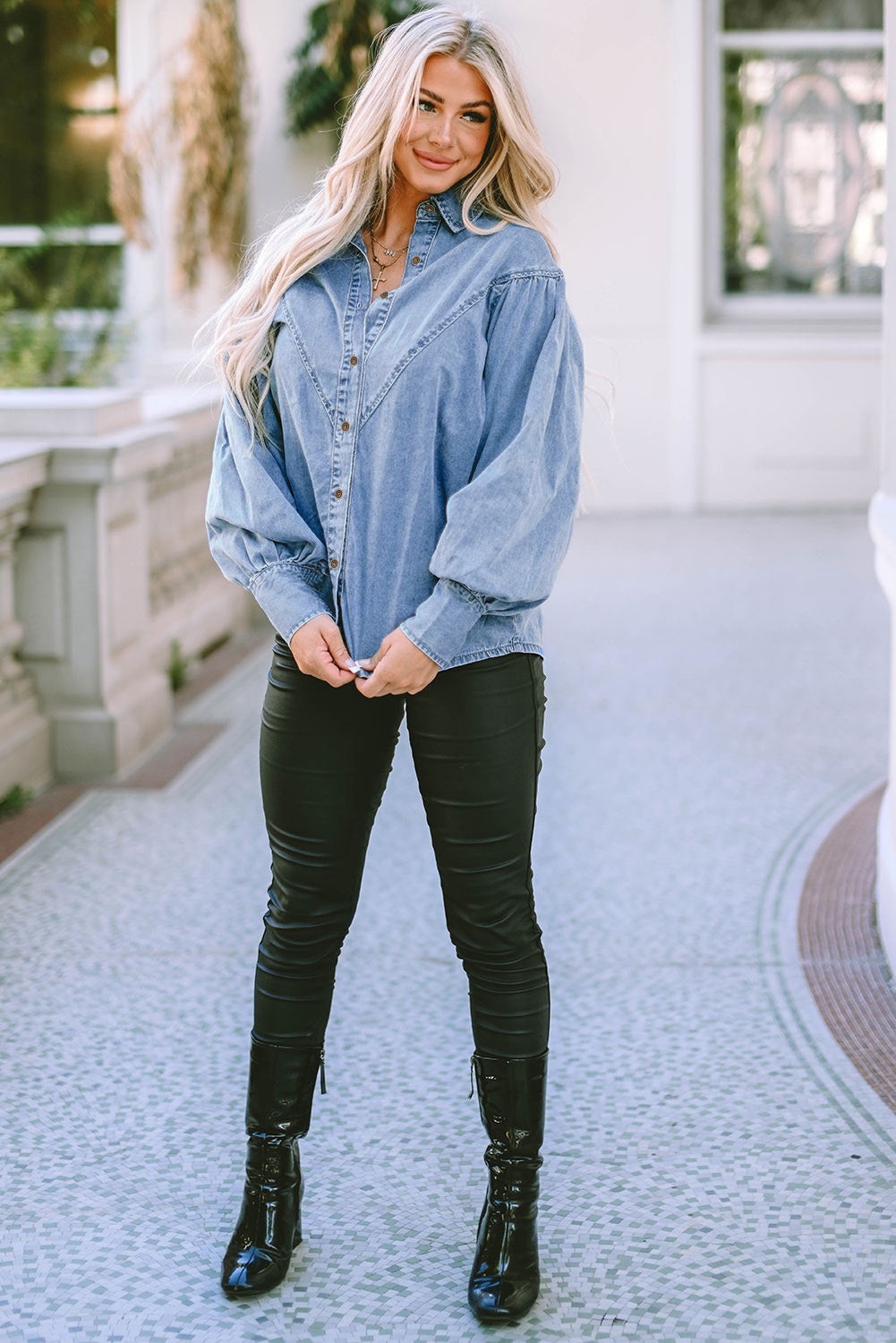 Sky Blue V-shape Stitching Puff Sleeve Denim Shirt