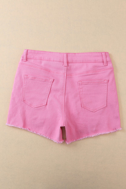 Rose Solid Color Distressed Denim Shorts