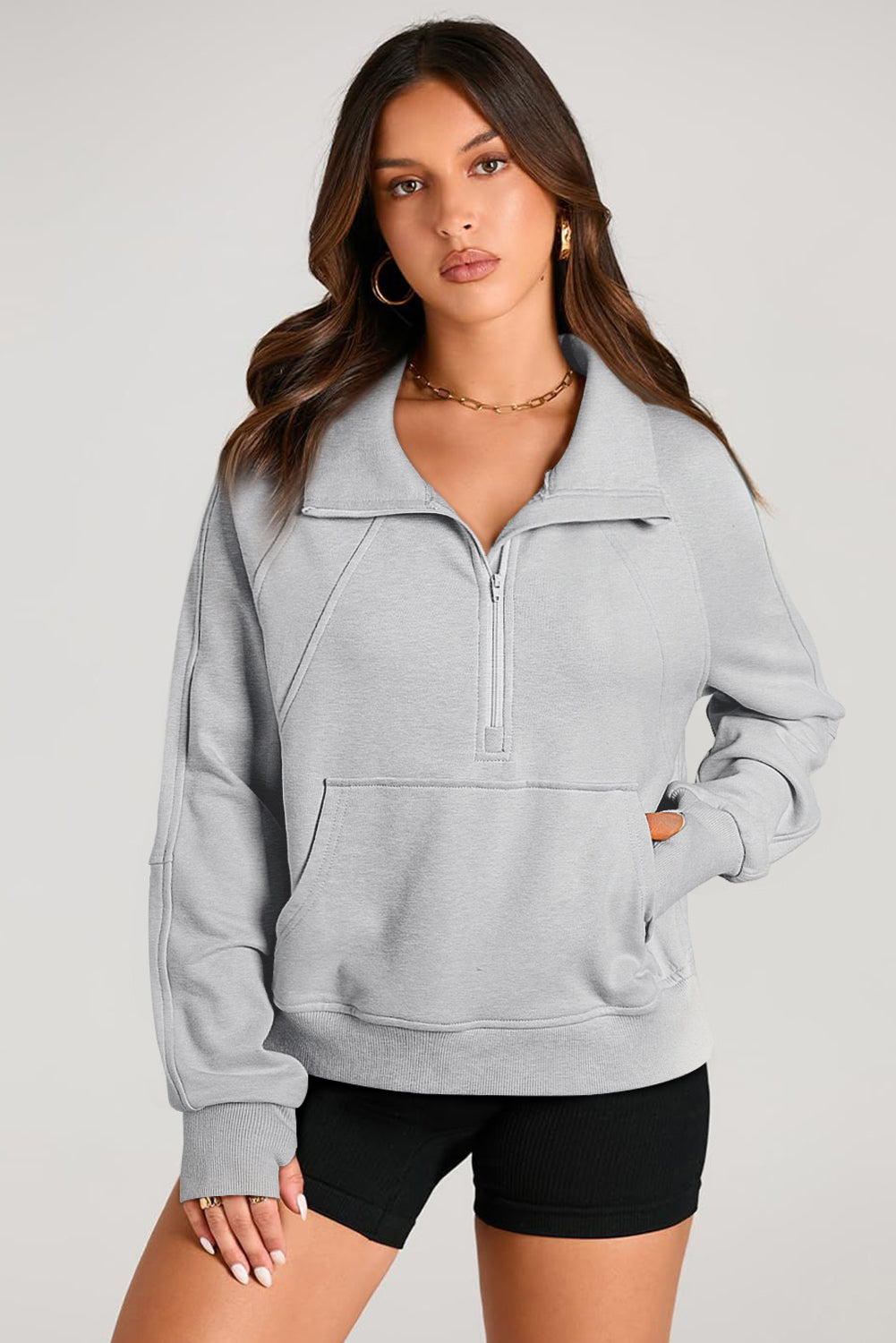 Light Grey Quarter Zip Stand Neck Kangaroo Pocket Sweatshirt