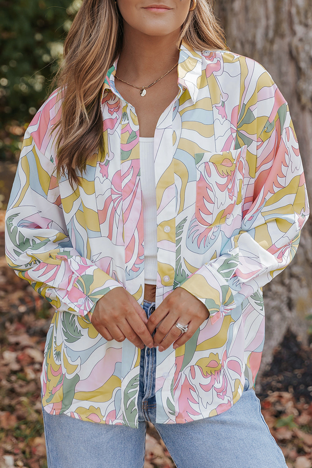 Multicolor Abstract Printed Turn-Down Collar Loose Shirt