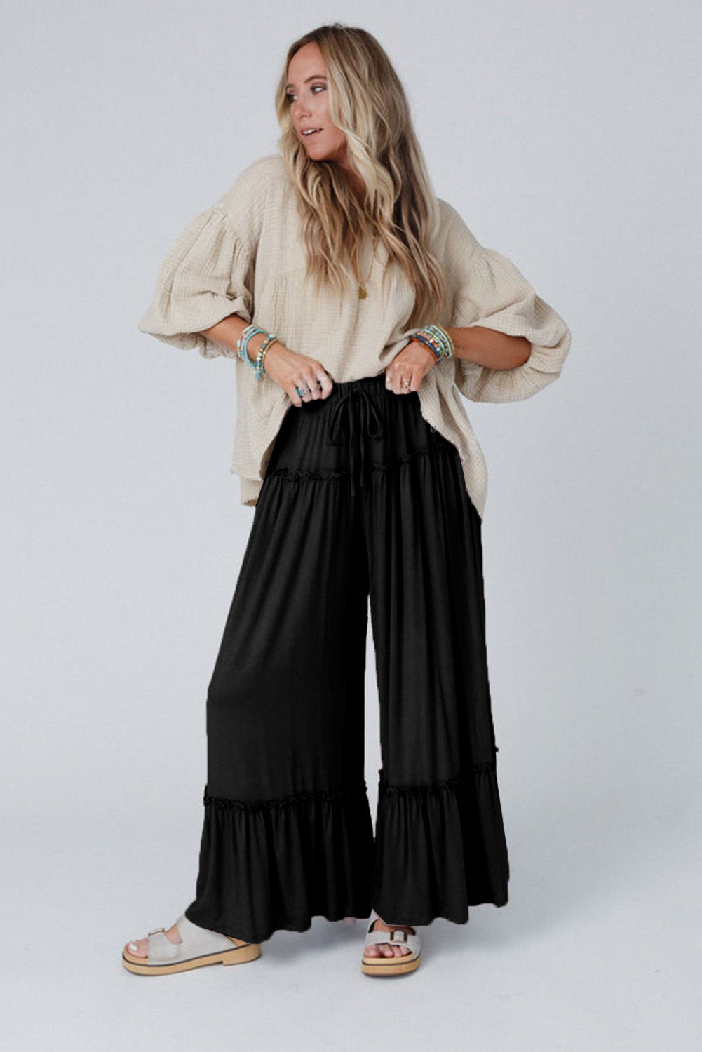 Black Frilled Drawstring High Waist Wide Leg Pants