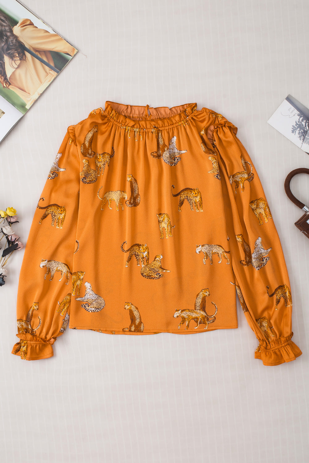 Orange Cheetah Printed Ruffled Sleeve Blouse