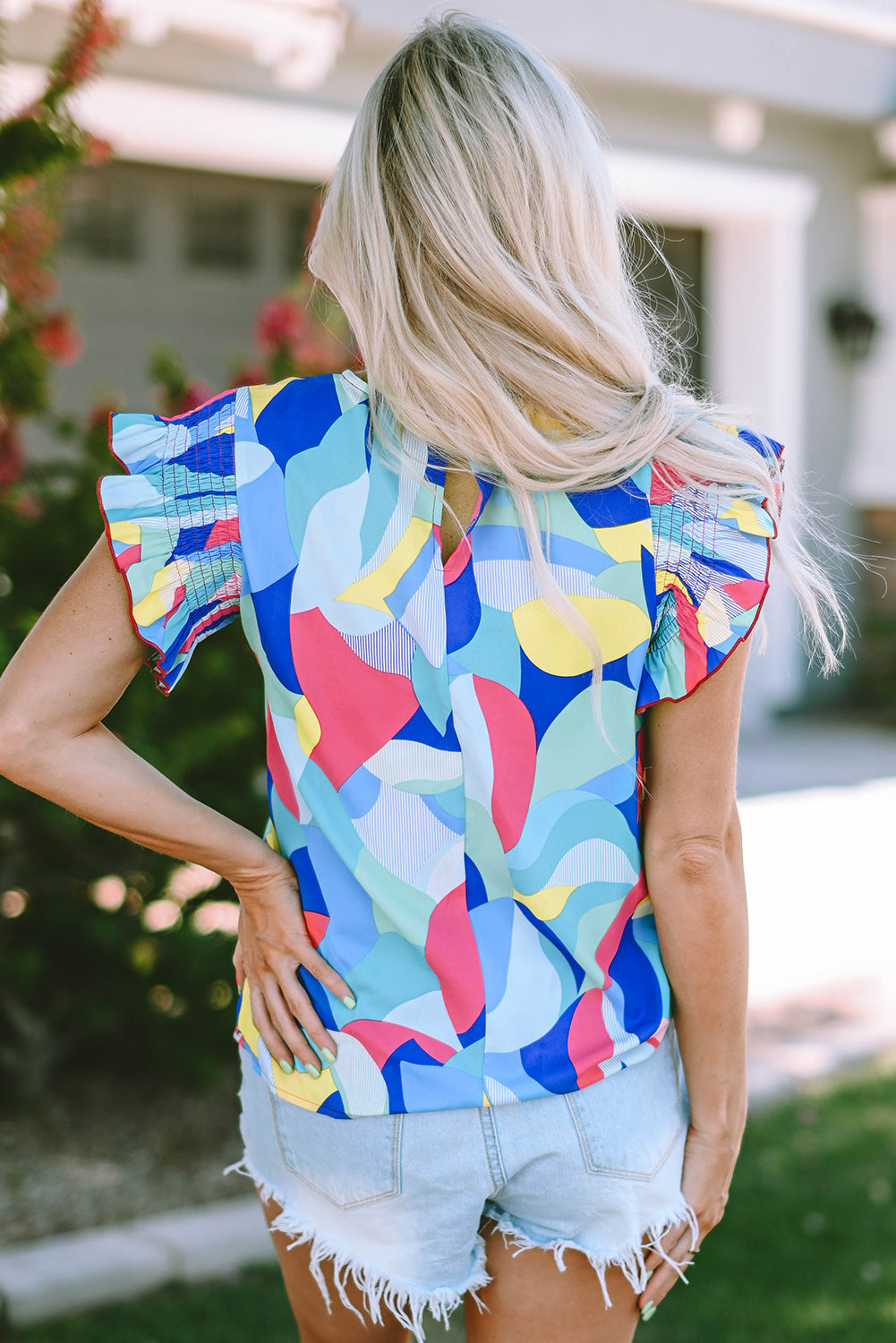 Multicolor Abstract Print Stitching Ruffle Sleeve Blouse