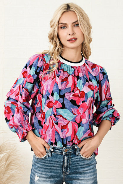 Multicolor Floral Print Ruched Sleeve Puff Sleeve Blouse