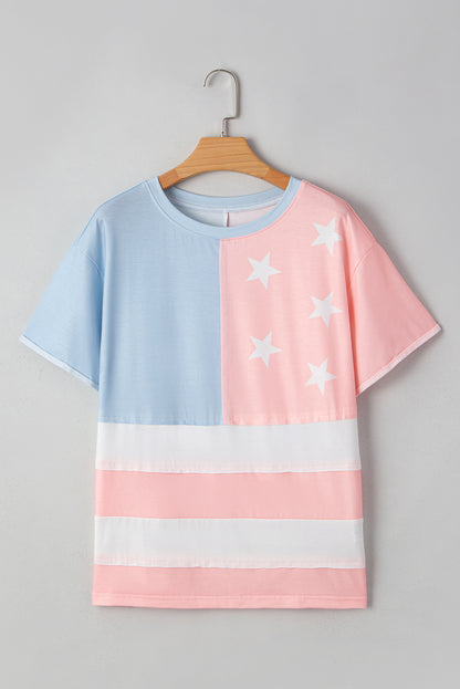 Pink Stars and Stripes Printed Crewneck Independence Day T Shirt