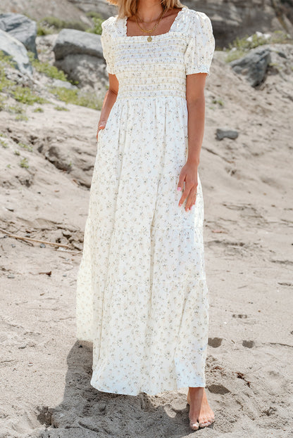 White Frilly Shirred Bodice Tiered Floral Maxi Dress