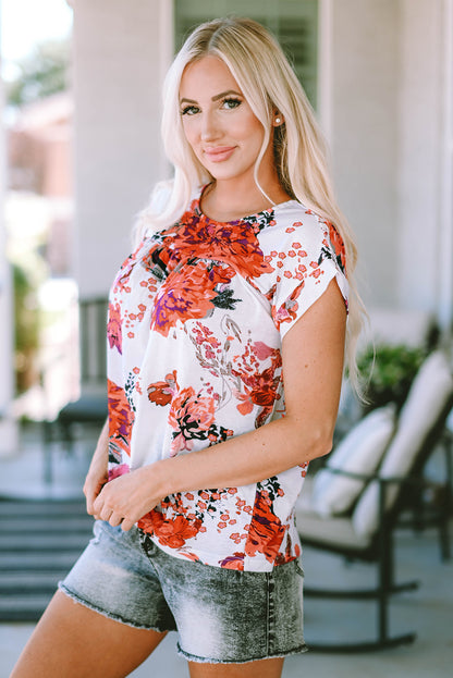 Fiery Red Floral Short Sleeve Round Neck Blouse