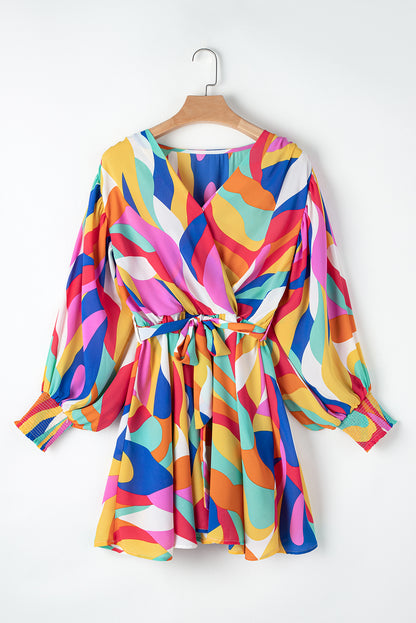 Multicolor Abstract Printed Belted Puff Sleeve Mini Dress